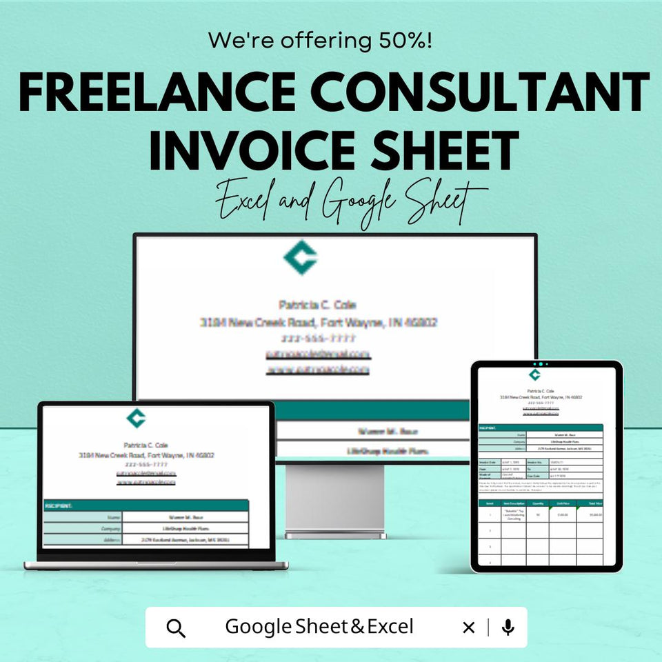Freelance Consultant Invoice Sheet - Excel and Google Sheet Template | Professional Billing & Invoice Tracker | 50% Off