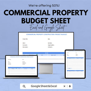 Commercial Property Budget Sheet - Excel & Google Sheet Template | Construction Project Budget Planner | 50% Off | Property Management Tool