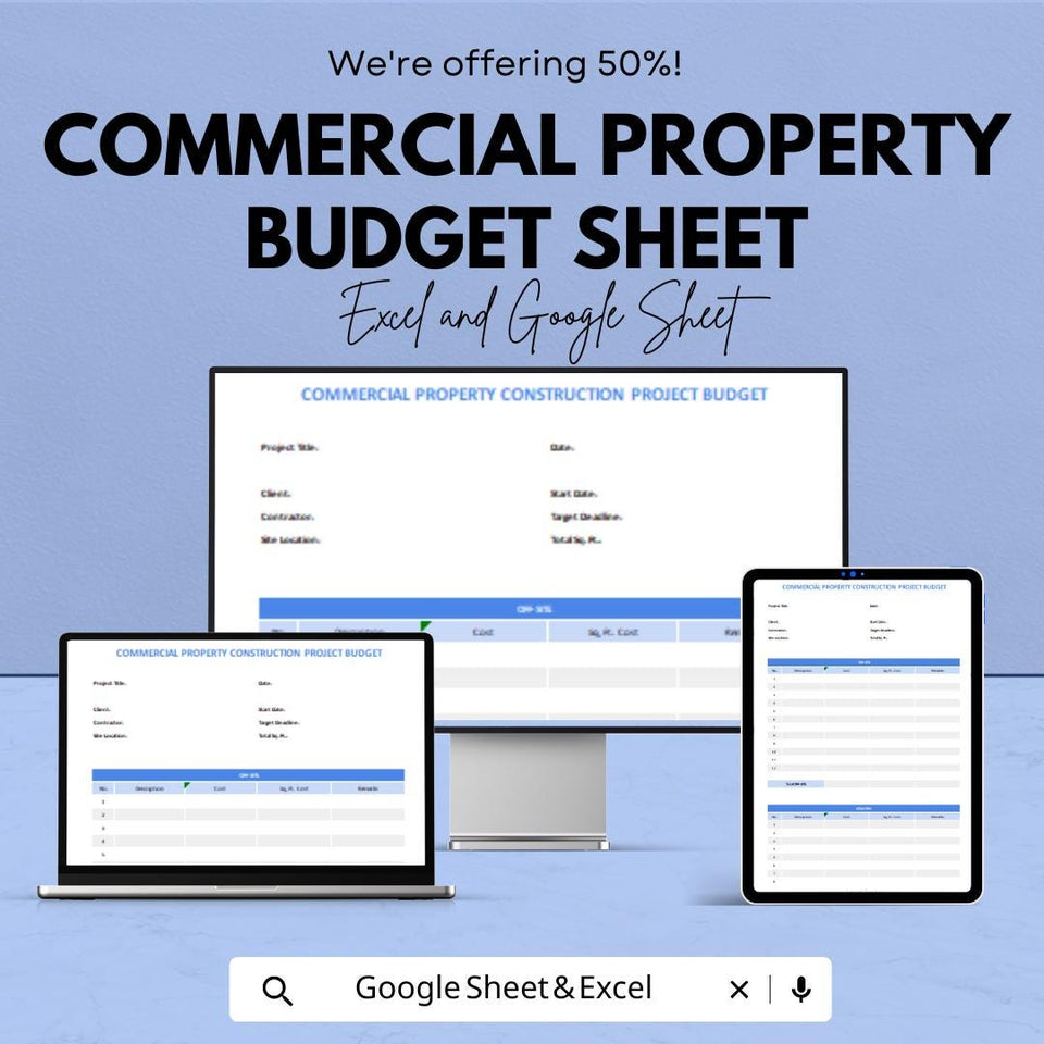 Commercial Property Budget Sheet - Excel & Google Sheet Template | Construction Project Budget Planner | 50% Off | Property Management Tool