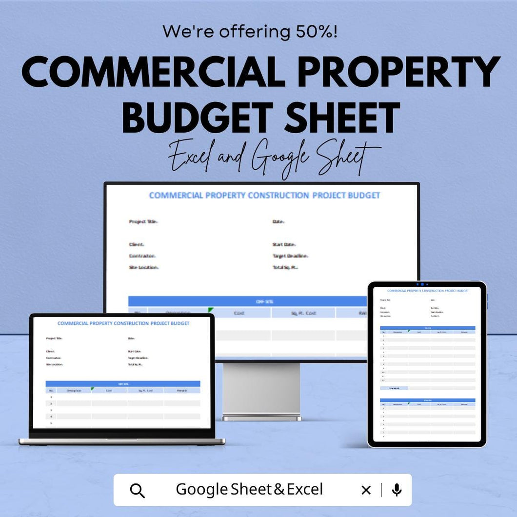 Commercial Property Budget Sheet - Excel & Google Sheet Template | Construction Project Budget Planner | 50% Off | Property Management Tool