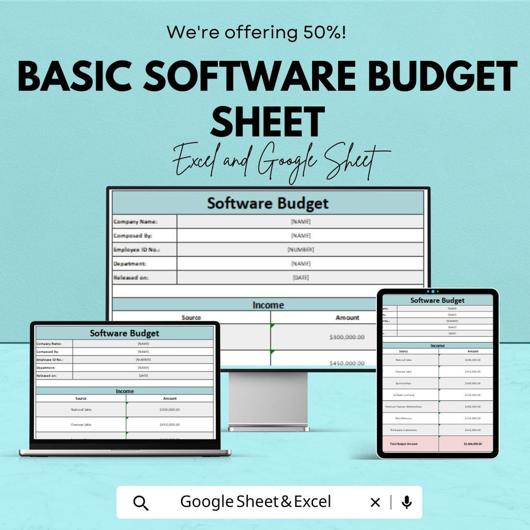 Basic Software Budget Sheet | Excel & Google Sheets Template for Budget Planning | Instant Download