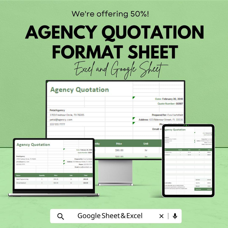 Agency Quotation Format Sheet | Professional Excel & Google Sheets Template for Agencies | Instant Download