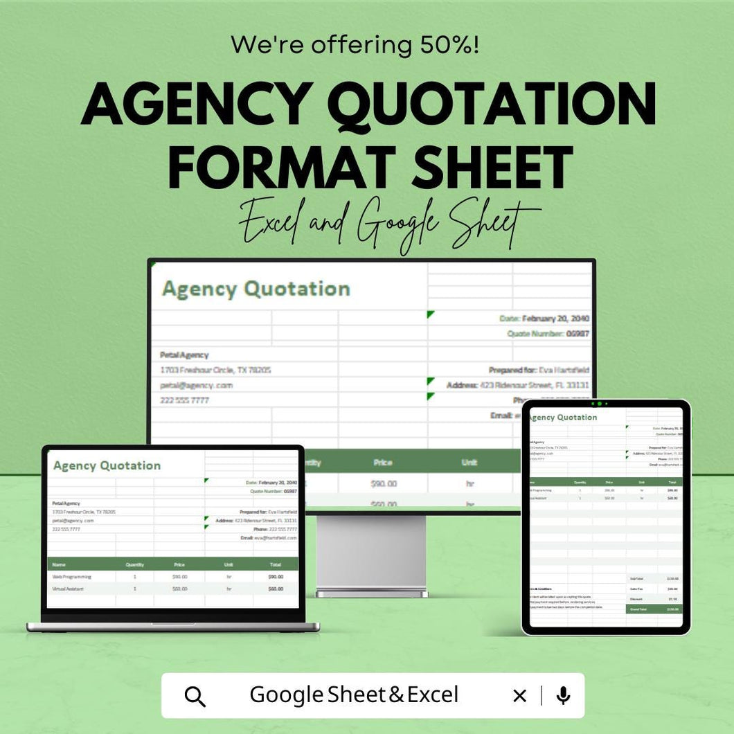 Agency Quotation Format Sheet | Professional Excel & Google Sheets Template for Agencies | Instant Download