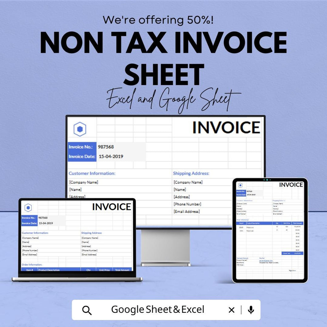 Non Tax Invoice Sheet Template | Printable and Downloadable | Excel & Google Sheet Invoice | Customizable, Easy to Use, Professional Design