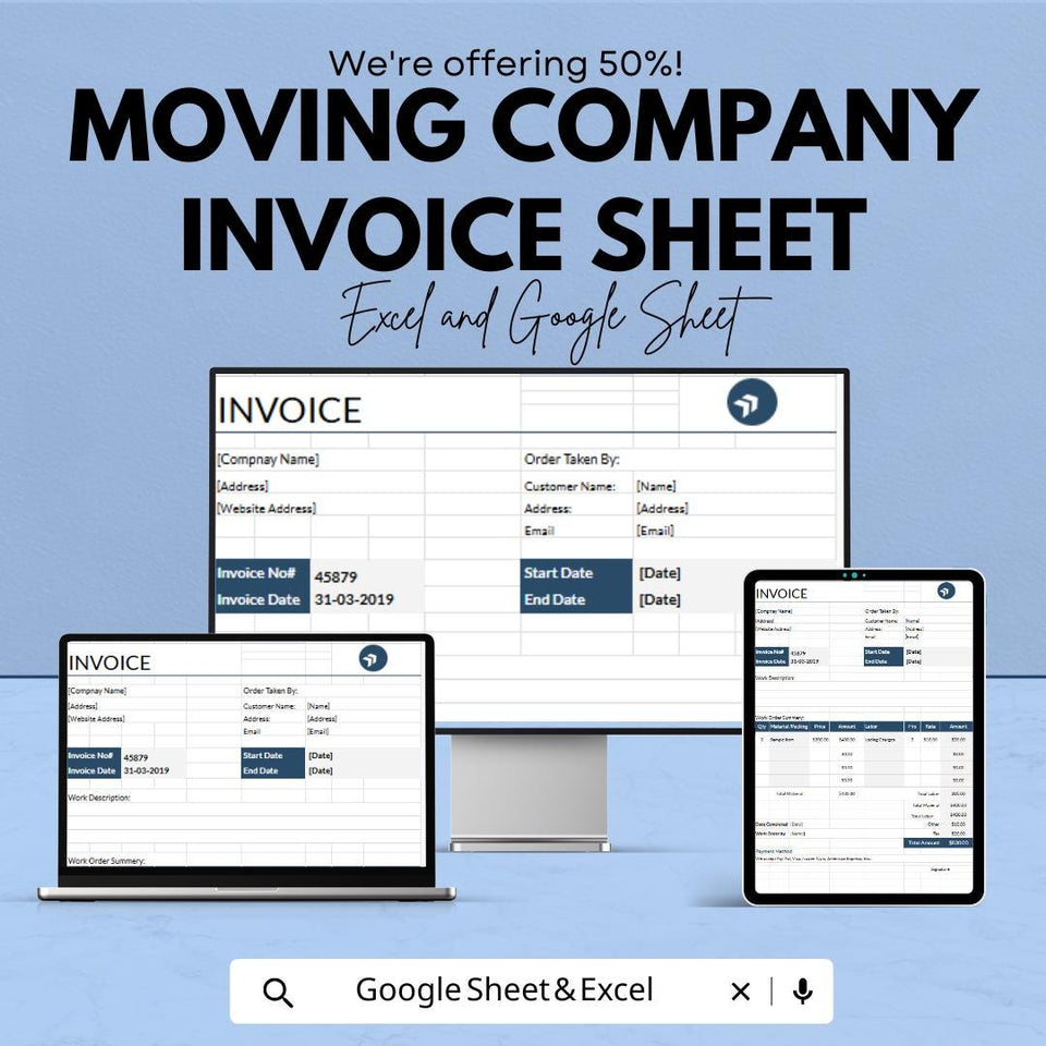 Moving Company Invoice Sheet | Excel & Google Sheets Template | Customizable Invoice for Moving Services