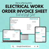 Electrical Work Order Invoice Sheet | Excel & Google Sheets Template | Customizable Invoice for Electrical Services