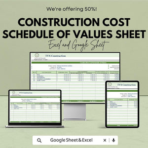 Construction Cost Schedule of Values Sheet | Excel & Google Sheets Template | Construction Project Cost Management Tracker