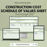 Construction Cost Schedule of Values Sheet | Excel & Google Sheets Template | Construction Project Cost Management Tracker