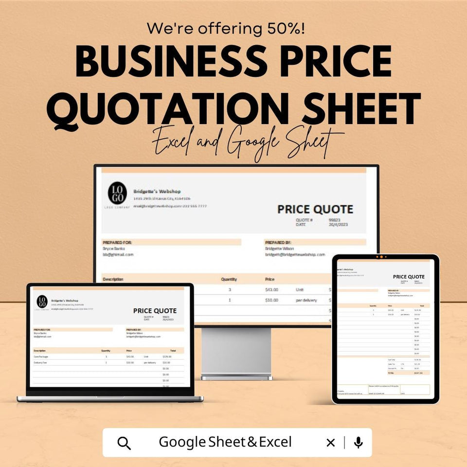 Business Price Quotation Sheet – Customizable Excel and Google Sheets Template for Pricing & Invoicing – 50% OFF