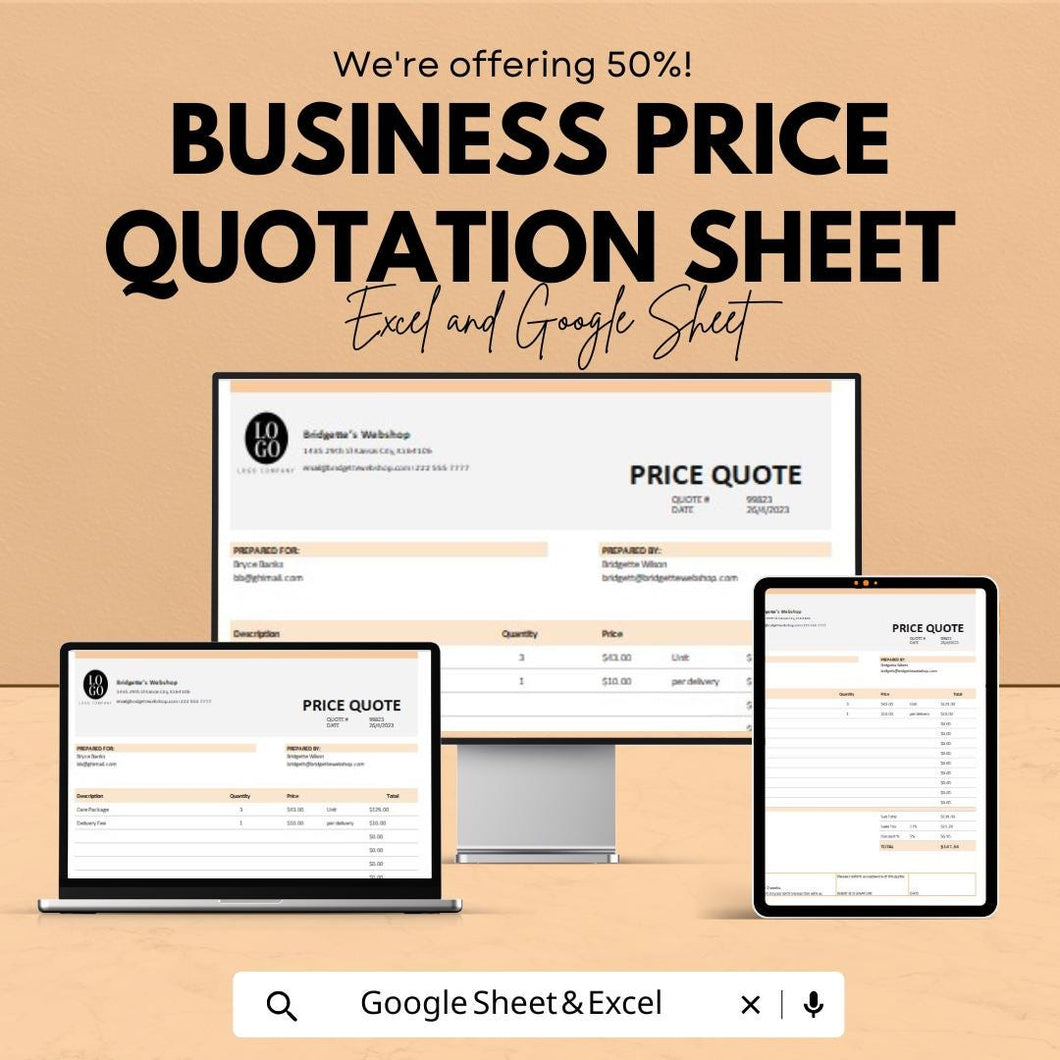 Business Price Quotation Sheet – Customizable Excel and Google Sheets Template for Pricing & Invoicing – 50% OFF