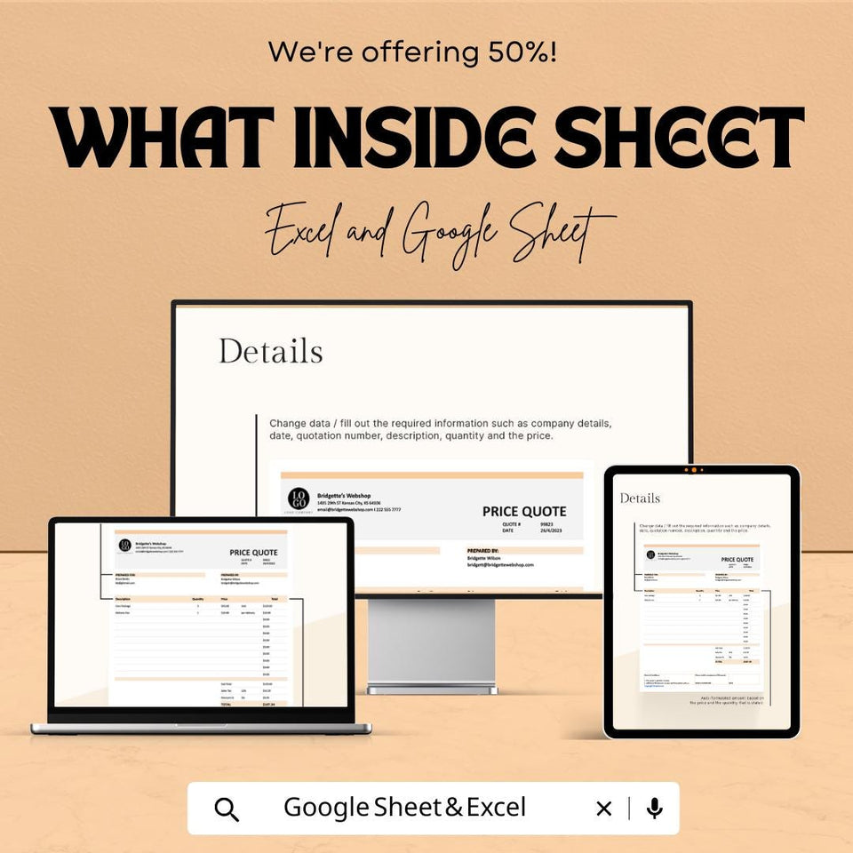 Business Price Quotation Sheet – Customizable Excel and Google Sheets Template for Pricing & Invoicing – 50% OFF