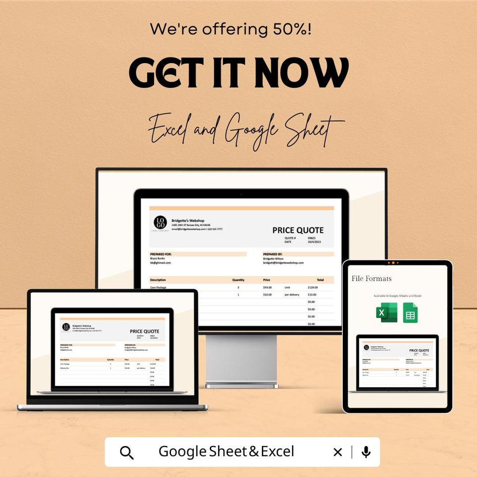 Business Price Quotation Sheet – Customizable Excel and Google Sheets Template for Pricing & Invoicing – 50% OFF