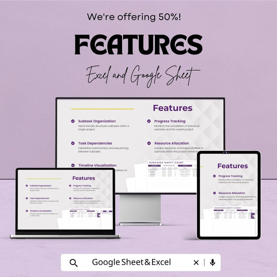 Subtasks Gantt Chart Template | Excel & Google Sheets | Task Management and Project Tracker