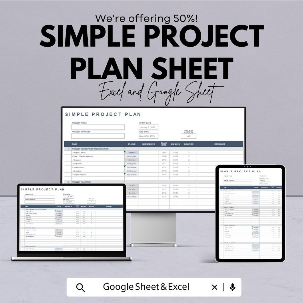 Simple Project Plan Sheet | Excel and Google Sheets Template | Project Management Planner | Task Tracker | Milestone & Budget Planner |