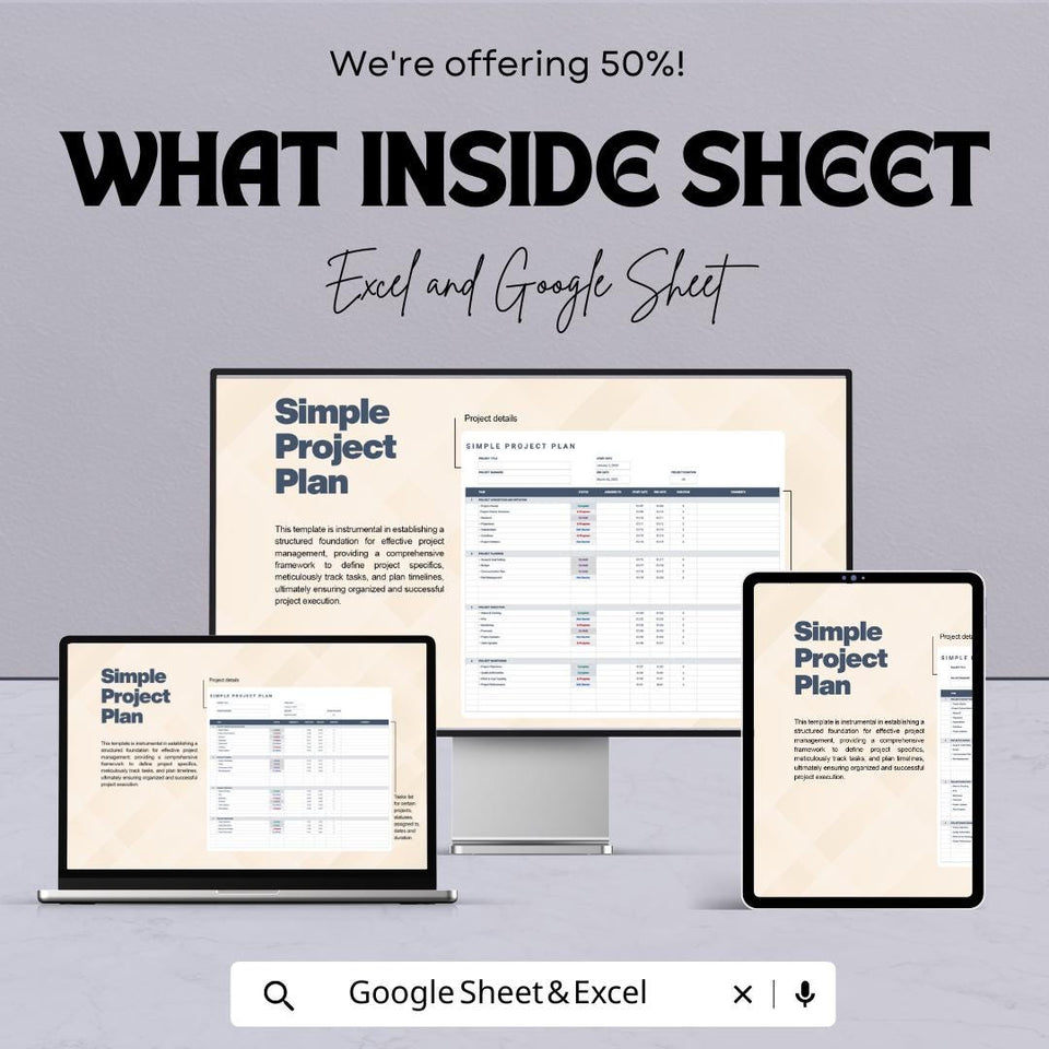 Simple Project Plan Sheet | Excel and Google Sheets Template | Project Management Planner | Task Tracker | Milestone & Budget Planner |