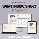 Simple Project Plan Sheet | Excel and Google Sheets Template | Project Management Planner | Task Tracker | Milestone & Budget Planner |