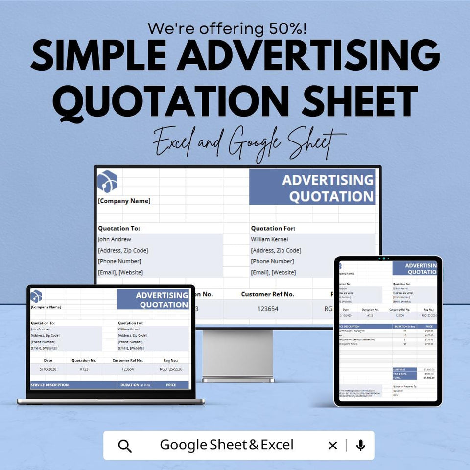 Simple Advertising Quotation Sheet | Editable Excel & Google Sheet Template | Professional Quote Template for Marketing Agencies