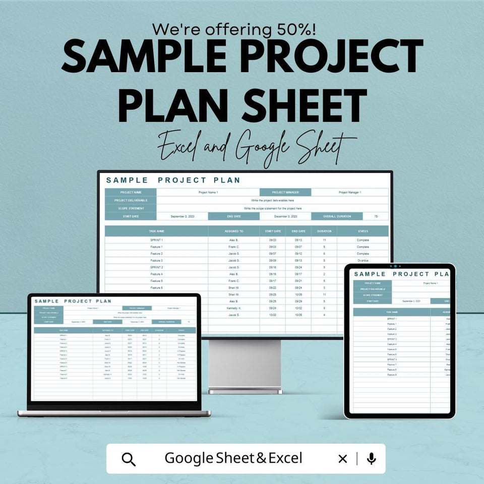 Sample Project Plan Sheet Template | Project Management Excel and Google Sheets | Task & Timeline Tracker