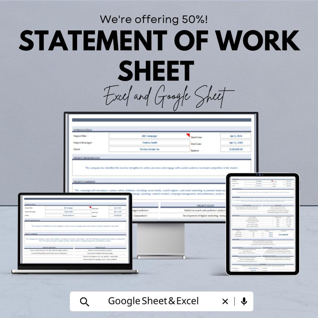 Statement of Work Sheet – Excel & Google Sheet Template for Project Planning and Management | Customizable SOW Template