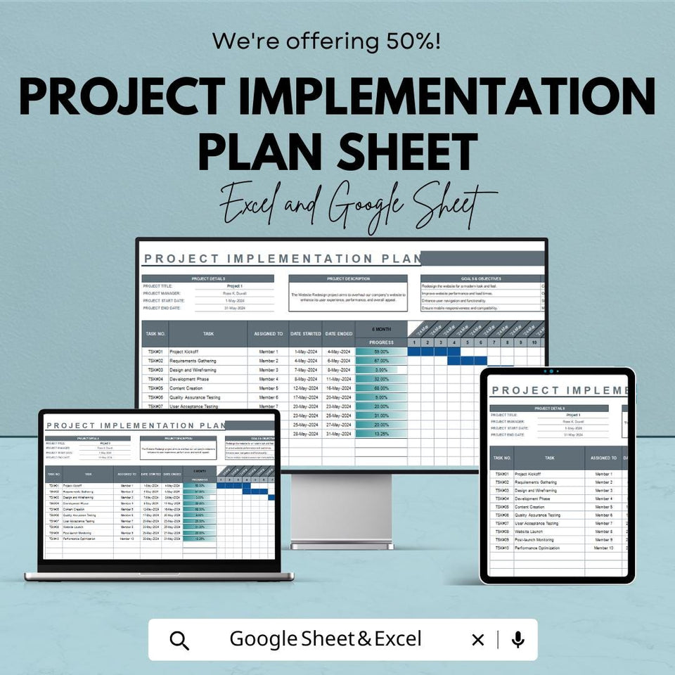 Project Implementation Plan Sheet – Editable Excel and Google Sheets Template for Project Management, Tracking & Reporting