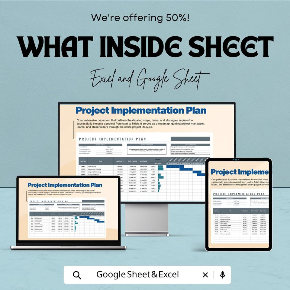Project Implementation Plan Sheet – Editable Excel and Google Sheets Template for Project Management, Tracking & Reporting