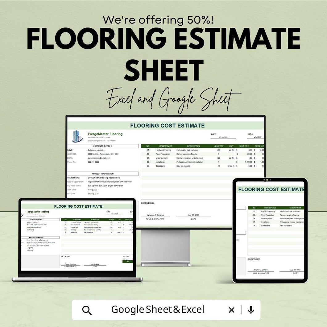 Flooring Estimate Sheet – Excel & Google Sheets Template for Cost Estimation, Flooring Pricing, and Project Quotes