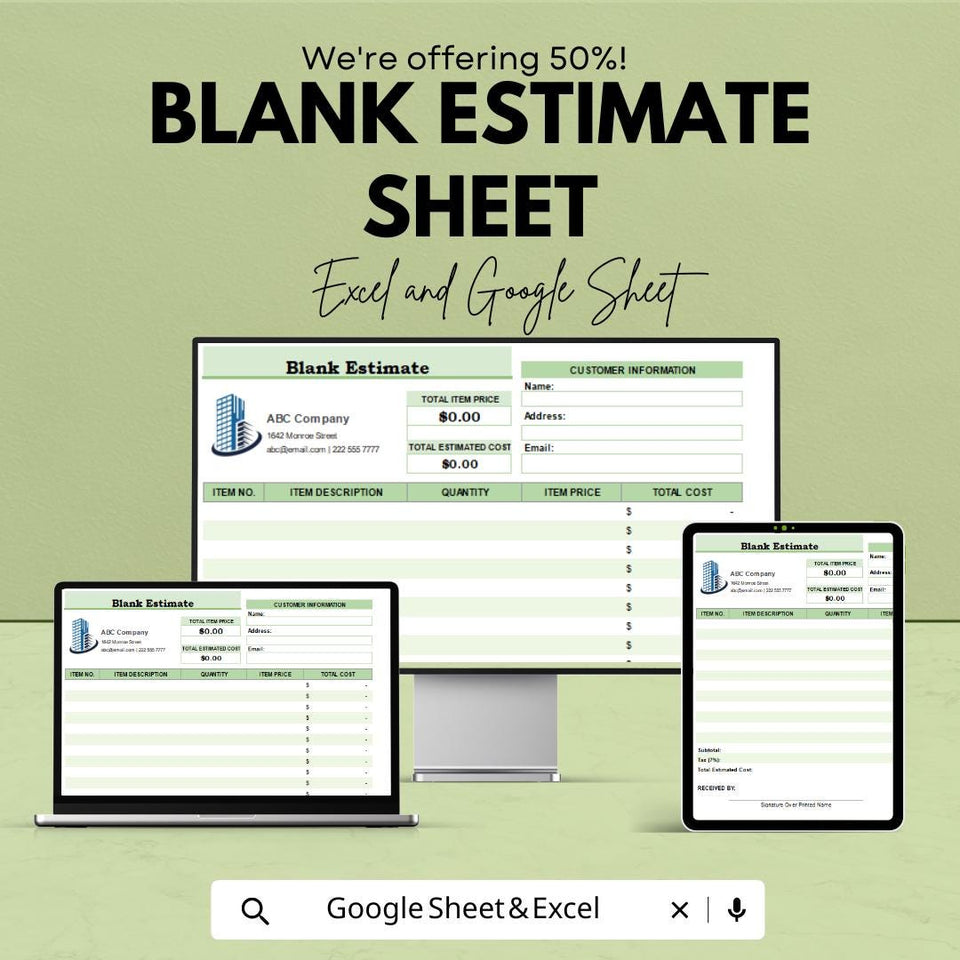 Blank Estimate Sheet | Excel & Google Sheets Template | Professional Estimate Template | Instant Download | Customizable Estimate Format