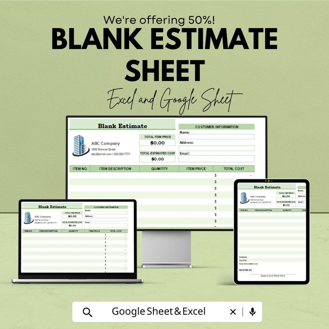 Blank Estimate Sheet | Excel & Google Sheets Template | Professional Estimate Template | Instant Download | Customizable Estimate Format