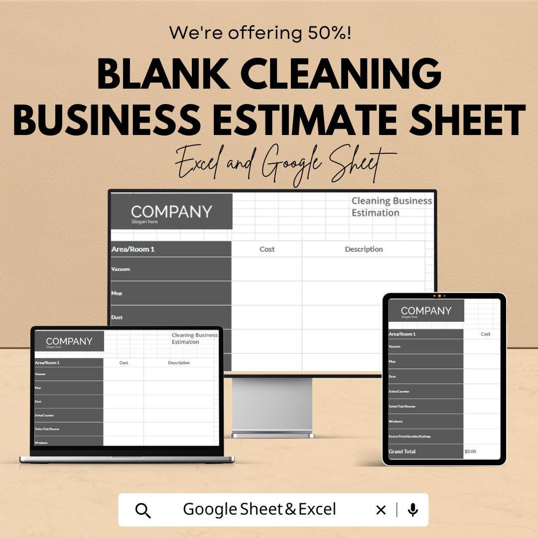 Blank Cleaning Business Estimate Sheet – Excel & Google Sheets Template for Service Estimates, Pricing, and Cost Breakdown