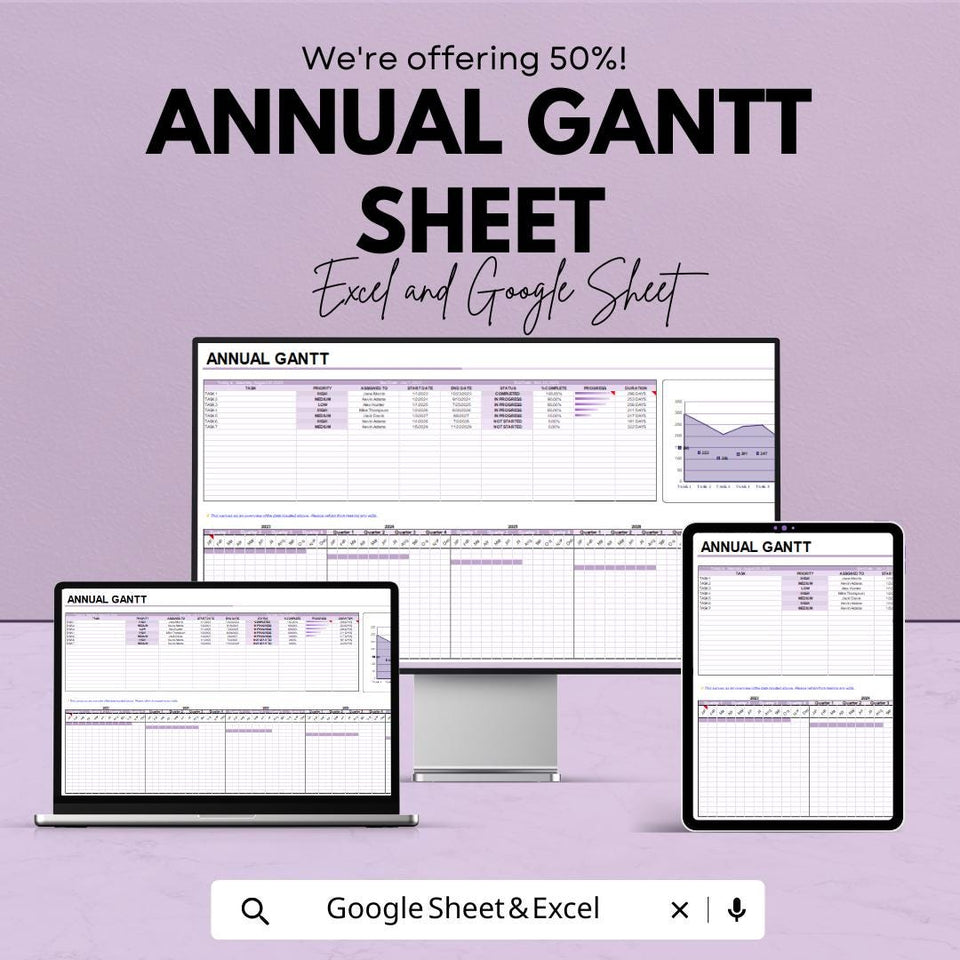 Annual Gantt Chart Template | Excel & Google Sheets | Project Management and Scheduling Tool