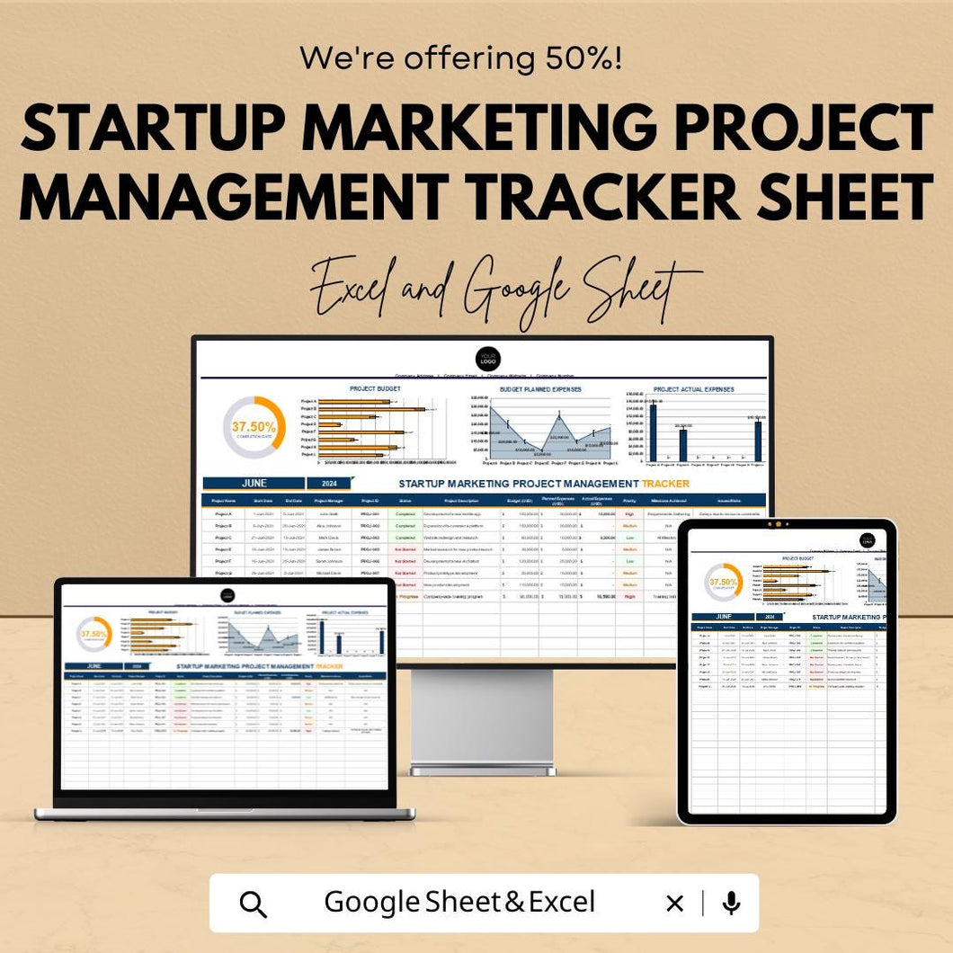 Startup Marketing Project Management Tracker Sheet | Excel & Google Sheets Template | Marketing Task Tracker | Project Timeline