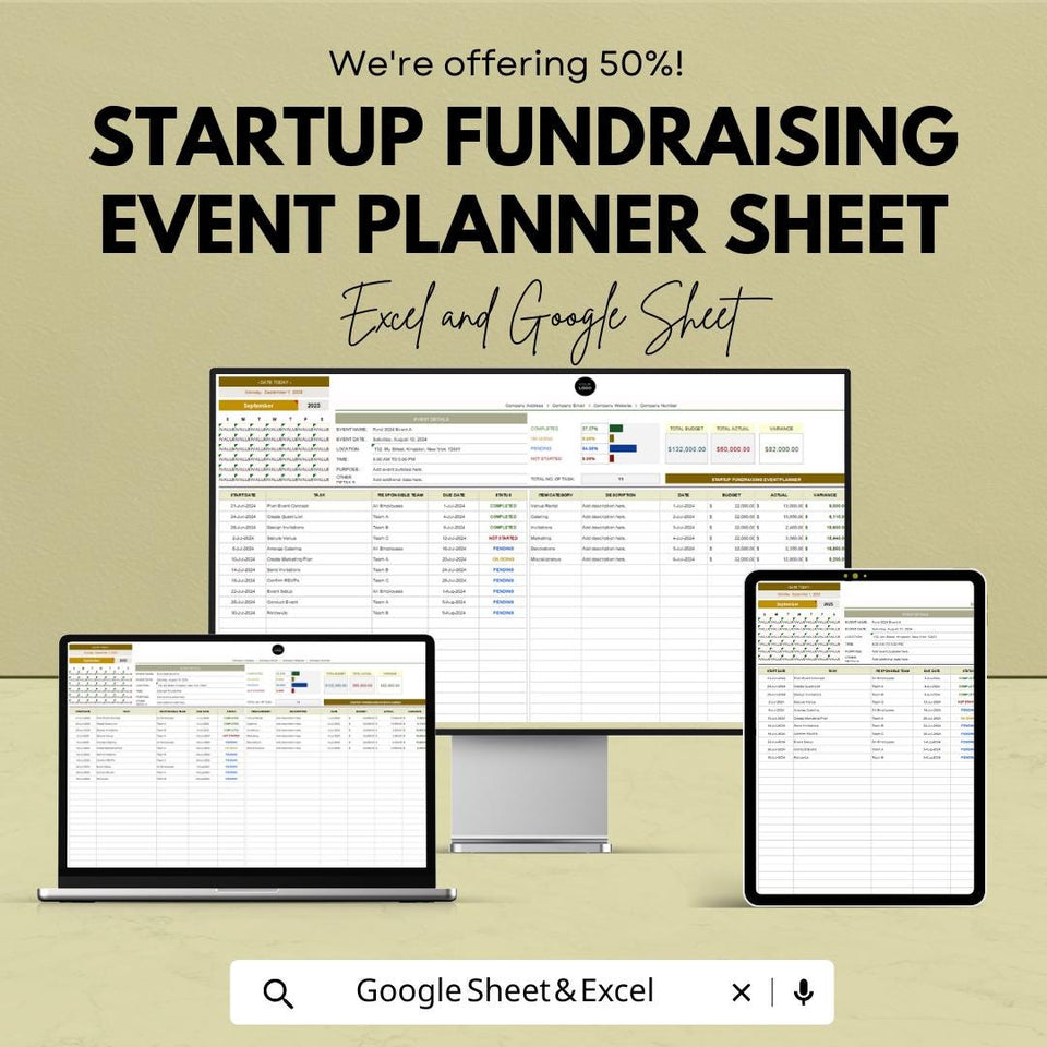 Startup Fundraising Event Planner Sheet – Excel and Google Sheets | Event Budget Tracker | Fundraising Goal Setting & Campaign Planning