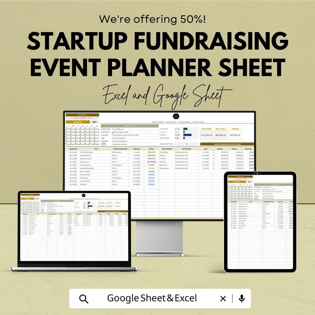Startup Fundraising Event Planner Sheet – Excel and Google Sheets | Event Budget Tracker | Fundraising Goal Setting & Campaign Planning