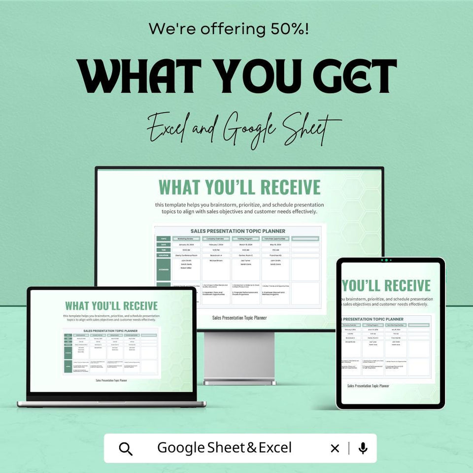 Sales Presentation Topic Planner Sheet – Excel and Google Sheets | Sales Presentation Organizer | Topic Brainstorming & Scheduling Template