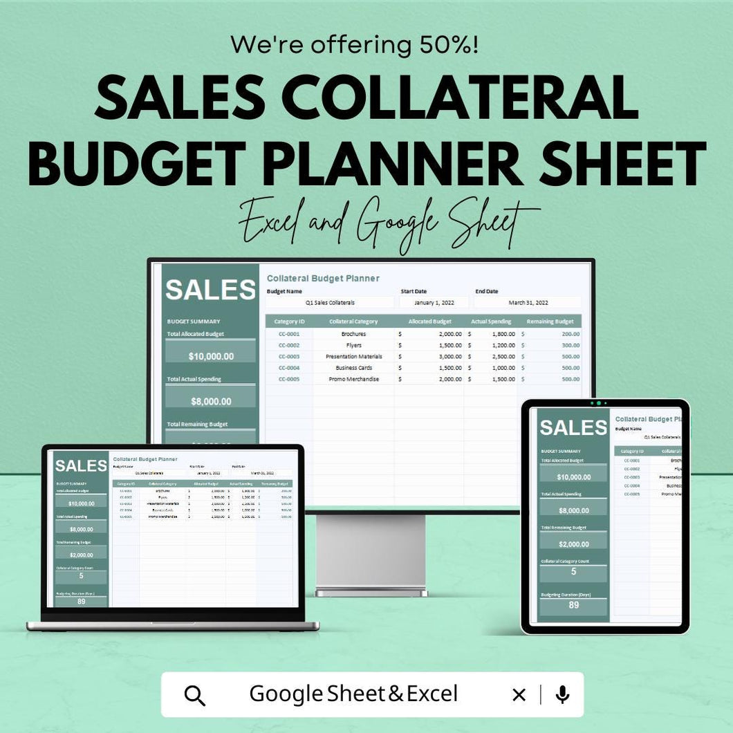 Sales Collateral Budget Planner Sheet – Excel and Google Sheets | Sales Budget Tracker | Marketing Budget Allocation & Expense Management