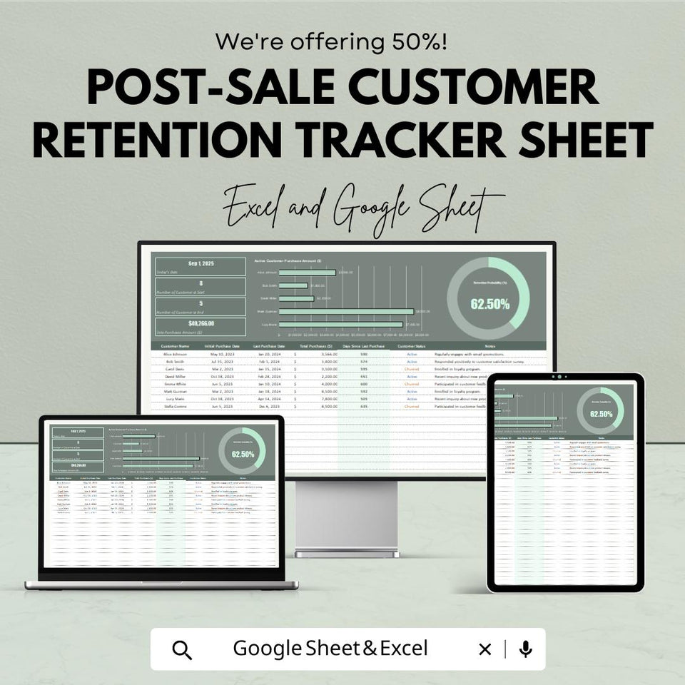 Post-Sale Customer Retention Tracker Sheet - Excel & Google Sheet | Track Customer Engagement and Retention with Automated Metrics