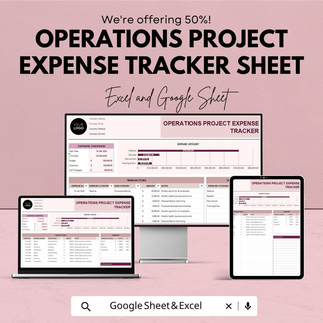 Operations Project Expense Tracker Sheet | Excel & Google Sheet Template for Budget Management | Financial Planning Tool | Project Cost