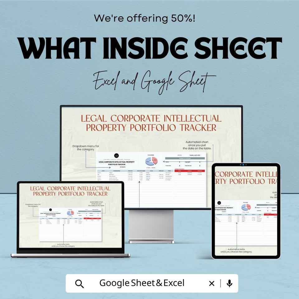 Legal Corporate Intellectual Property Portfolio Tracker Sheet | Excel & Google Sheets Template | IP Asset Management |