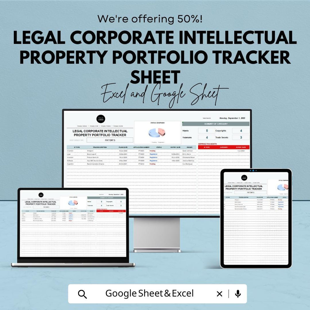 Legal Corporate Intellectual Property Portfolio Tracker Sheet | Excel & Google Sheets Template | IP Asset Management |