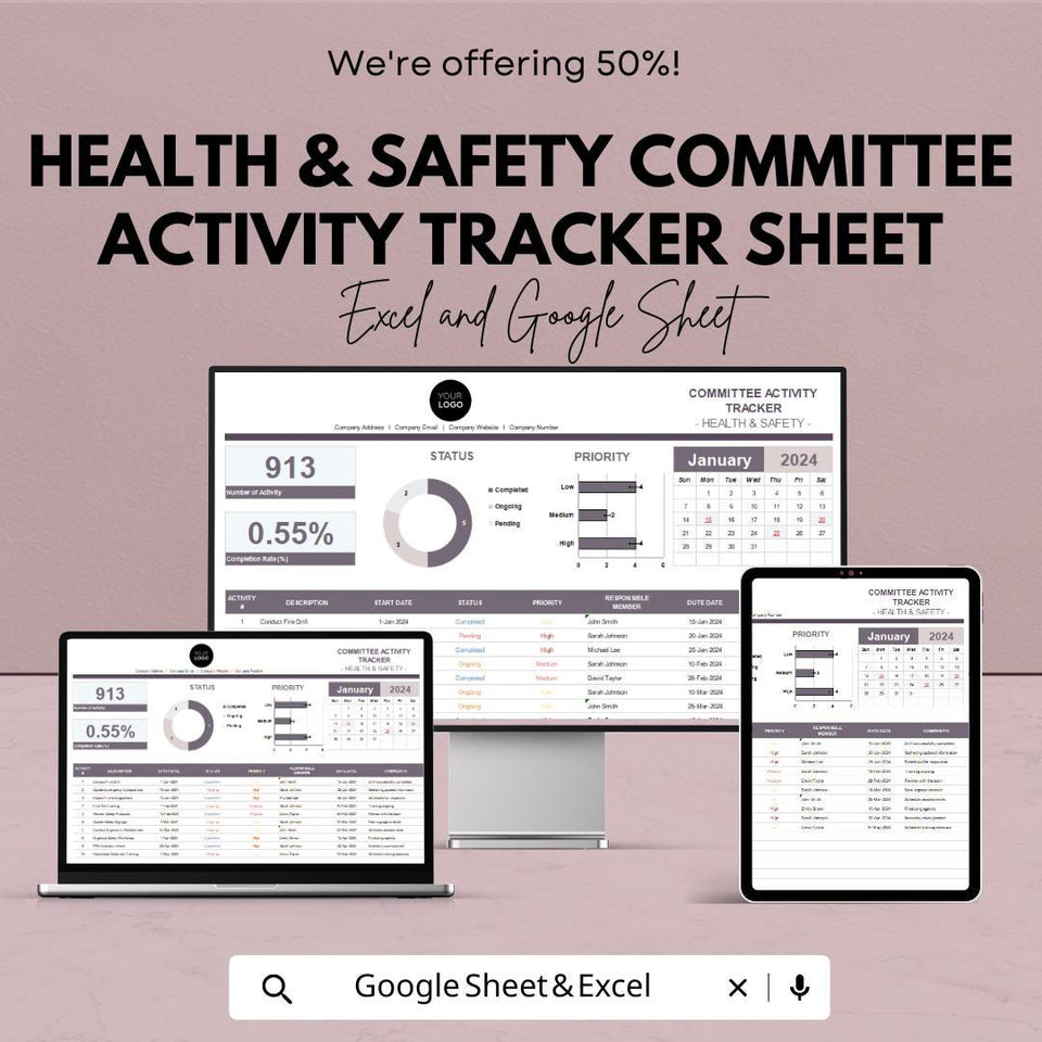 Health & Safety Committee Activity Tracker Sheet | Excel and Google Sheets Template | Task Management | Compliance Tracker | Incident Log |