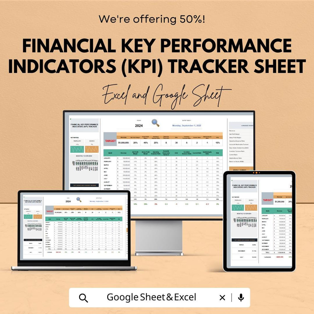 Financial Key Performance Indicators (KPI) Tracker Sheet | Excel & Google Sheets Template | Track Business Performance  |