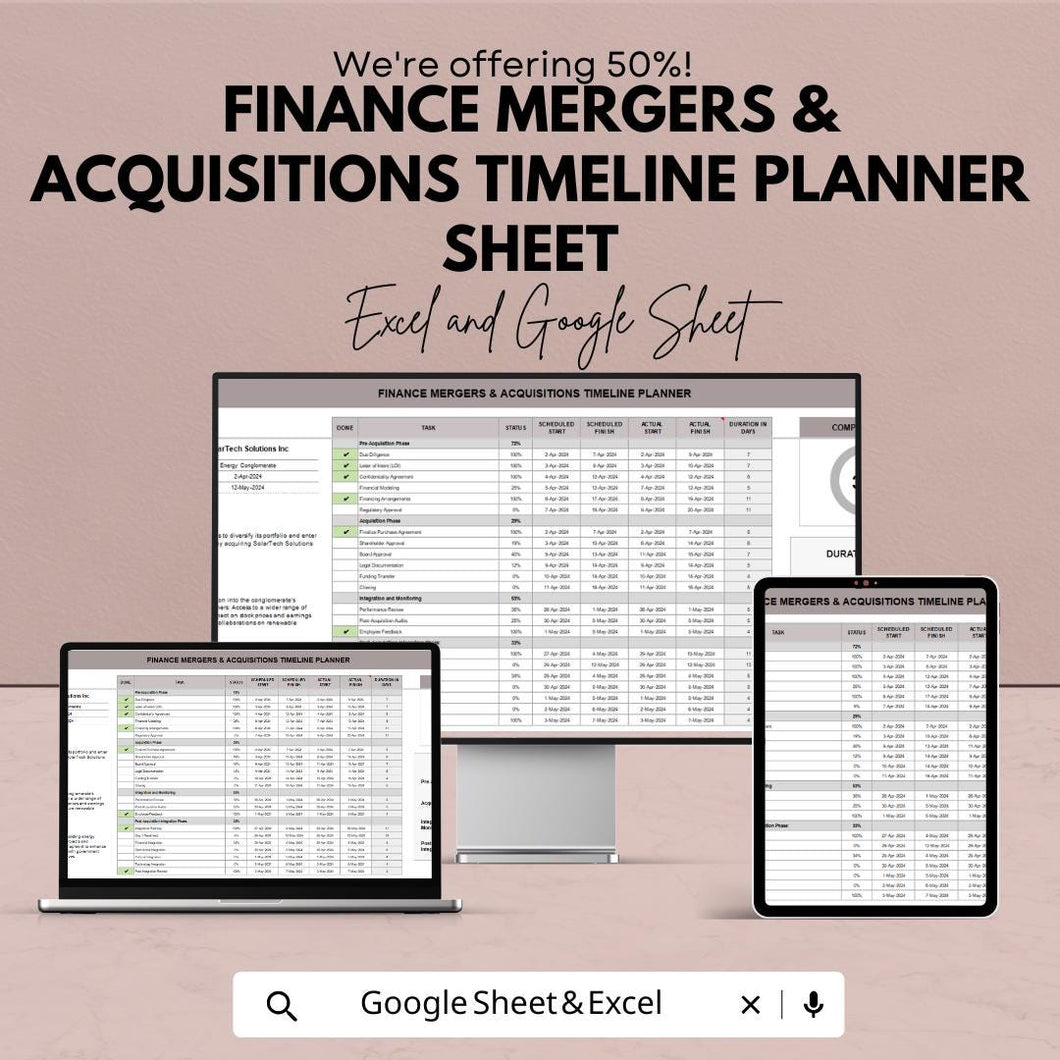 Finance Mergers and Acquisitions Timeline Planner Sheet | Excel & Google Sheets Template for Efficient Project Planning