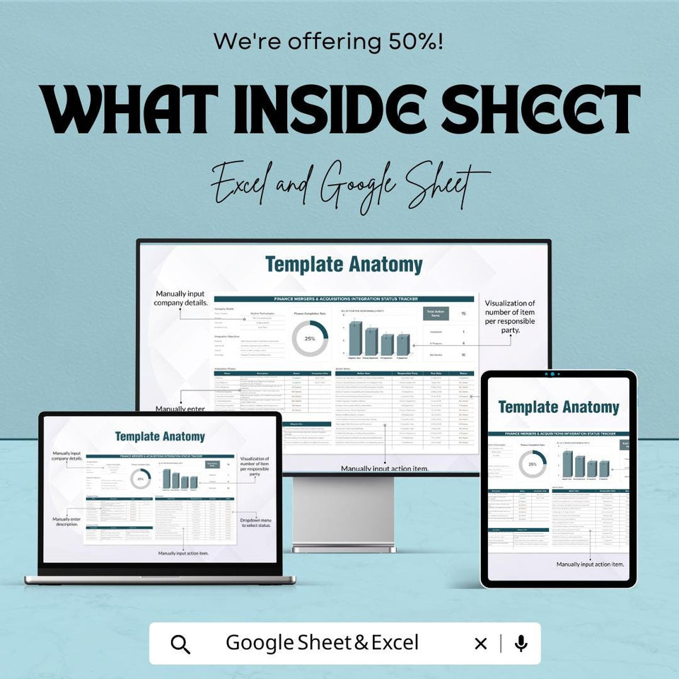 Finance Mergers and Acquisitions Integration Status Tracker Sheet | Excel & Google Sheets Template | Track Integration Progress |