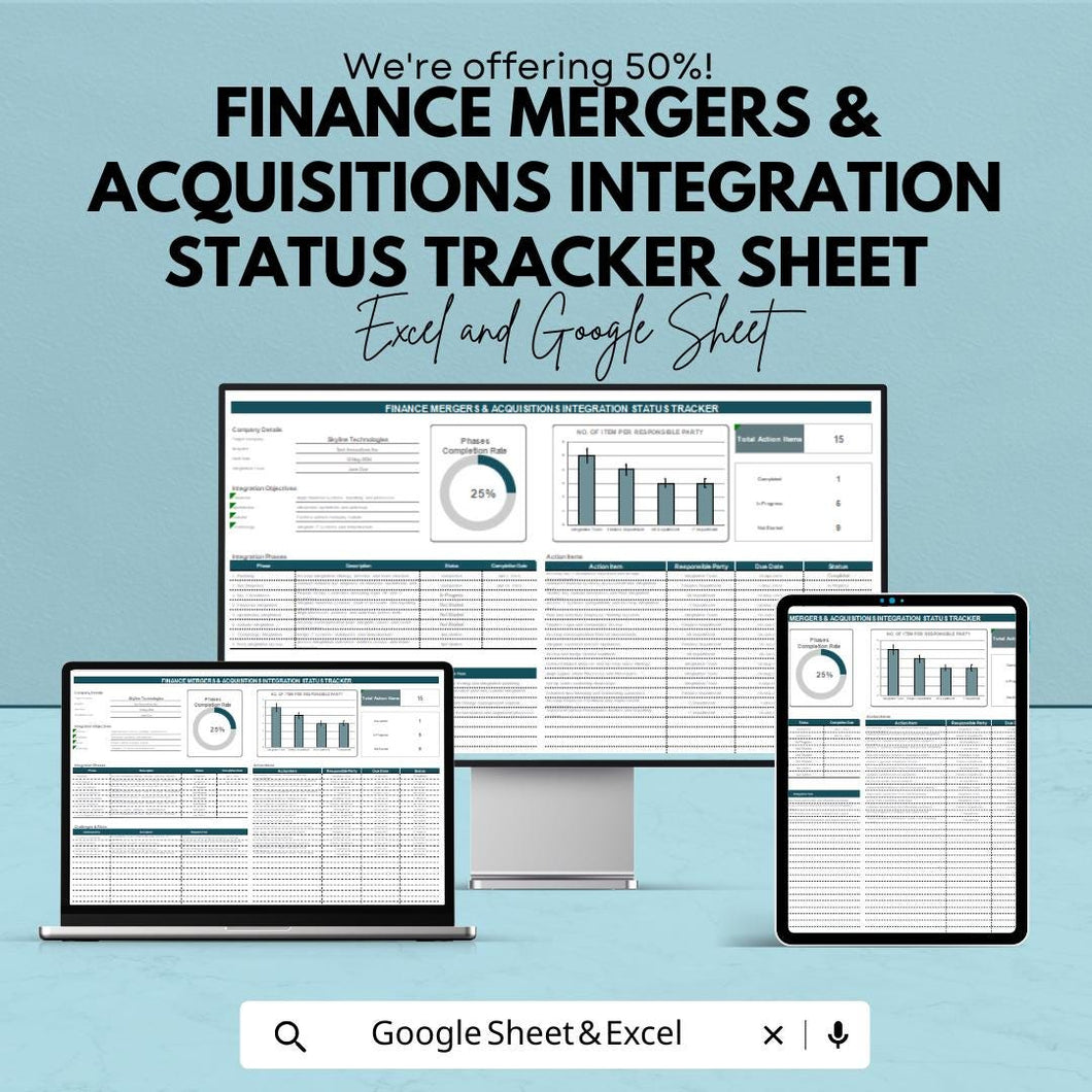 Finance Mergers and Acquisitions Integration Status Tracker Sheet | Excel & Google Sheets Template | Track Integration Progress |