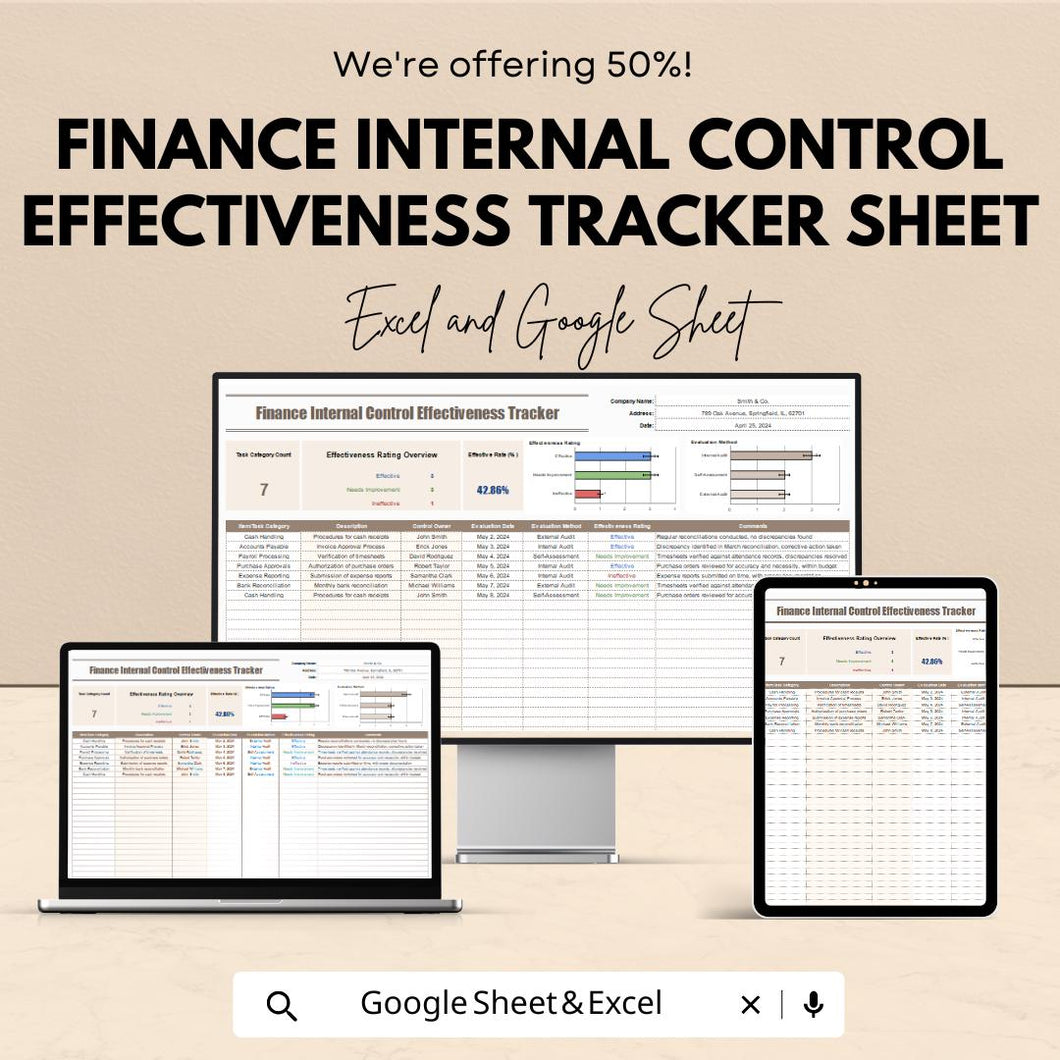 Finance Internal Control Effectiveness Tracker Sheet | Excel & Google Sheets Template | Track Control Effectiveness | Internal Audit Tool |
