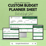 50% OFF - Custom Budget Planner Sheet - Excel & Google Sheets | Personalize Your Financial Plan | Monthly, Quarterly and Yearly Budgeting