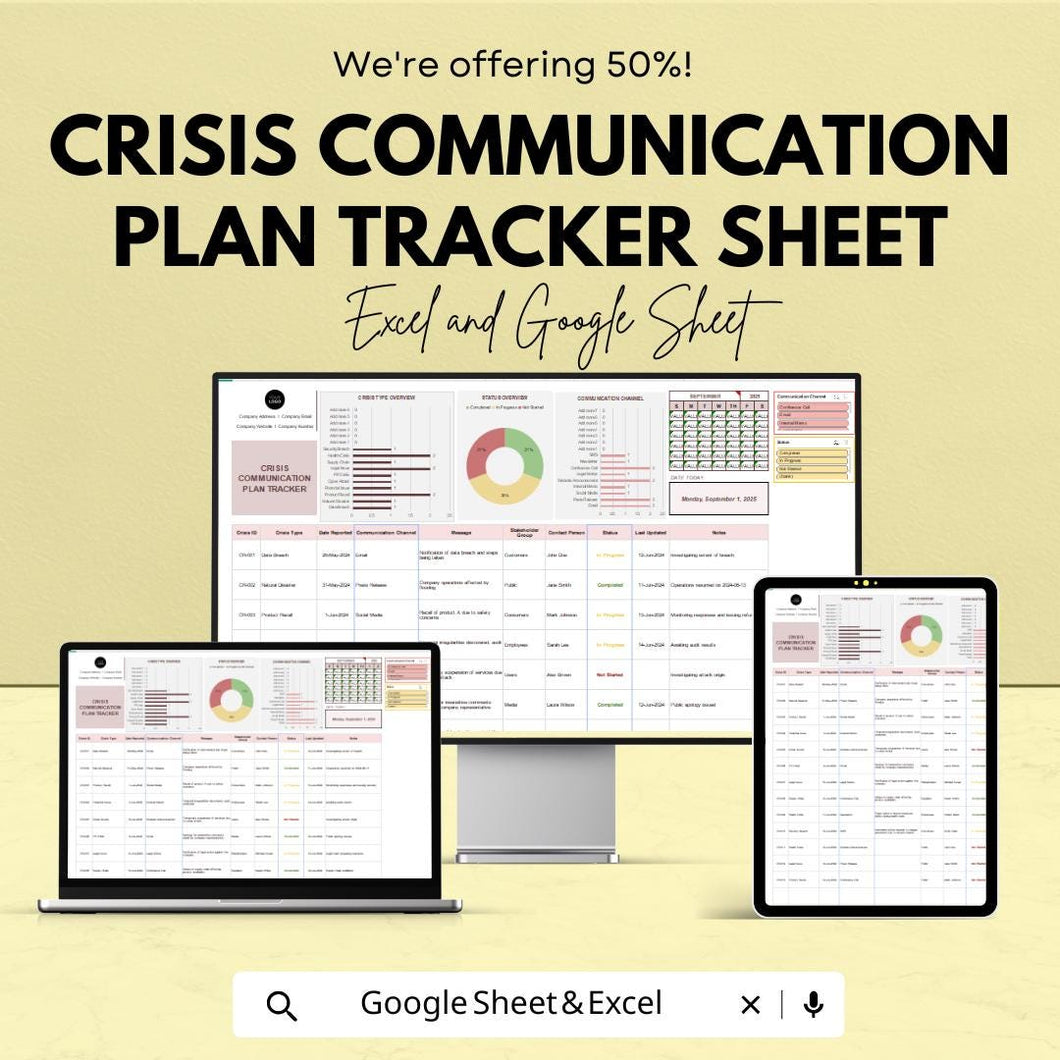 Crisis Communication Plan Tracker Sheet | Excel & Google Sheets Template | Crisis Management Tool | Business Planning | Communication |