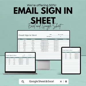 Email Sign-In Sheet Template | Excel and Google Sheets | Collect Emails & Contact Info | Editable | Instant Download