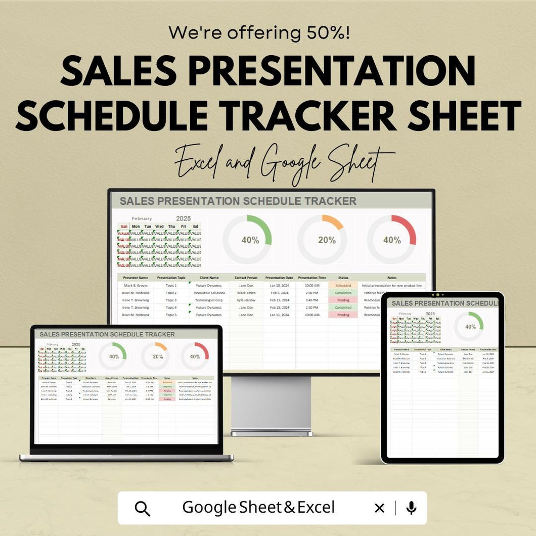Sales Presentation Schedule Tracker Sheet | Sales Meeting Planner | Excel & Google Sheets Template | Presentation Schedule Management |