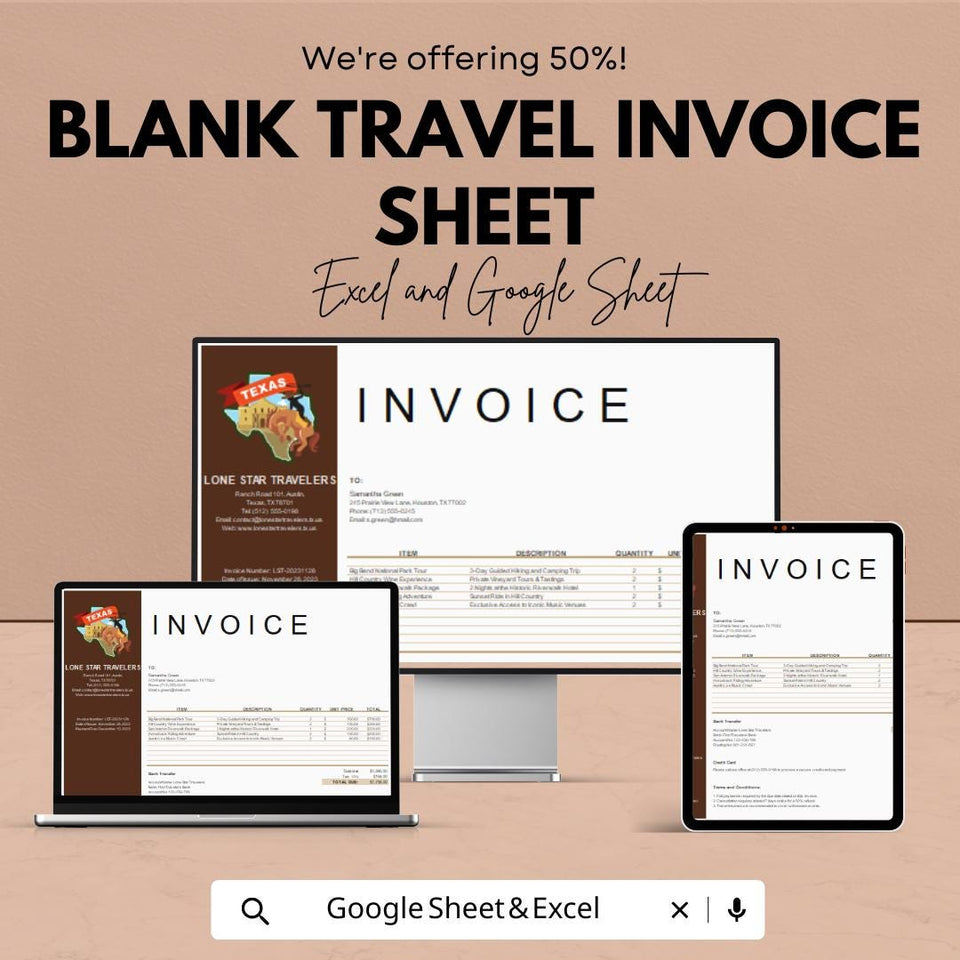 Blank Travel Invoice Sheet | Excel & Google Sheet Template | Travel Expense Invoice | Customizable Invoice Template | 50% OFF Now!